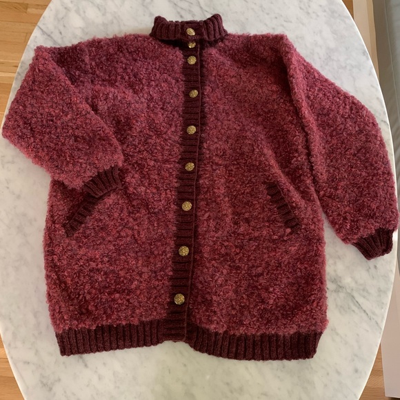 Hand knit merlot wool sweater with contrast details & beautiful buttons - Picture 9 of 11